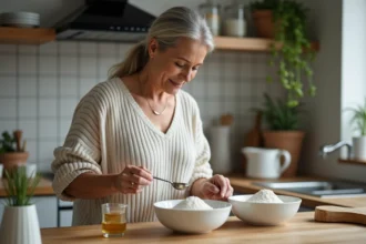Femme mesurant sucre et farine dans la cuisine moderne