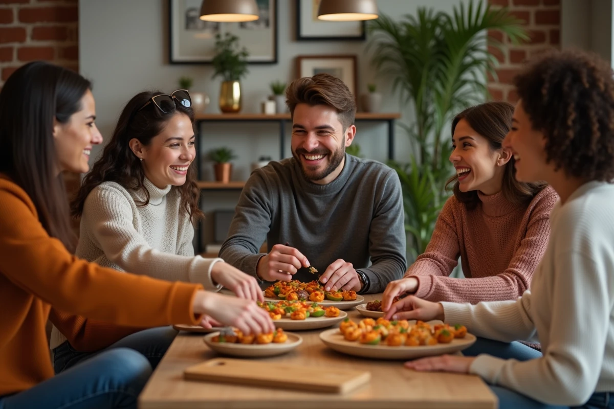 Groupe d'amis autour d'un apéritif convivial dans un appartement