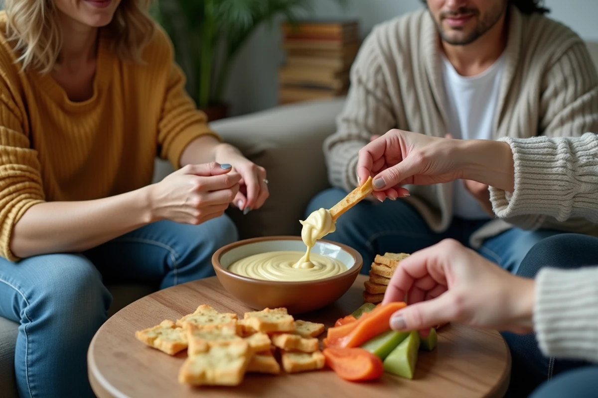 Groupe d amis dégustant mayonnaise maison autour d un apéritif