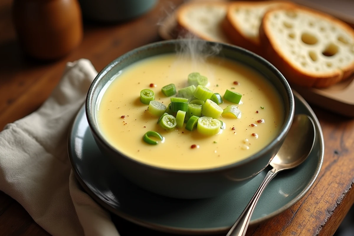 Bol de fondue de poireaux avec baguette sur une table rustique