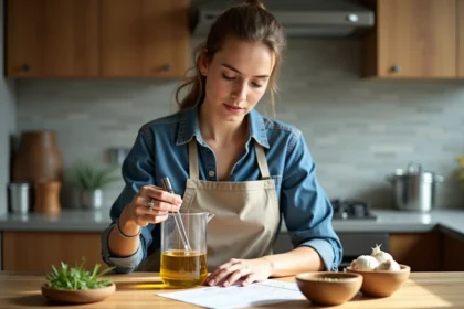 Femme en cuisine mesurant de l'huile d'or pour la cuisson