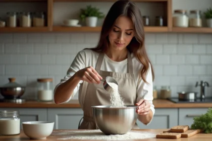 Femme en tablier de lin verse de la farine dans un bol