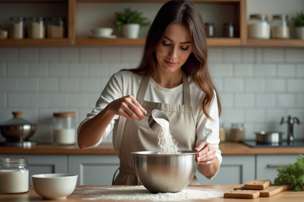 Femme en tablier de lin verse de la farine dans un bol