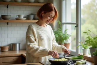 Femme préparant une fondue de poireaux dans une cuisine moderne