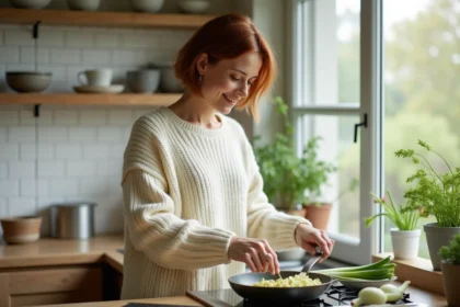 Femme préparant une fondue de poireaux dans une cuisine moderne