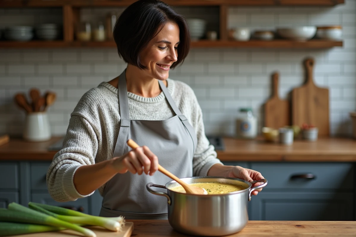 Femme cuisinant une fondue de poireaux dans la cuisine