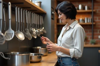 Femme examine des ustensiles de cuisine dans un magasin
