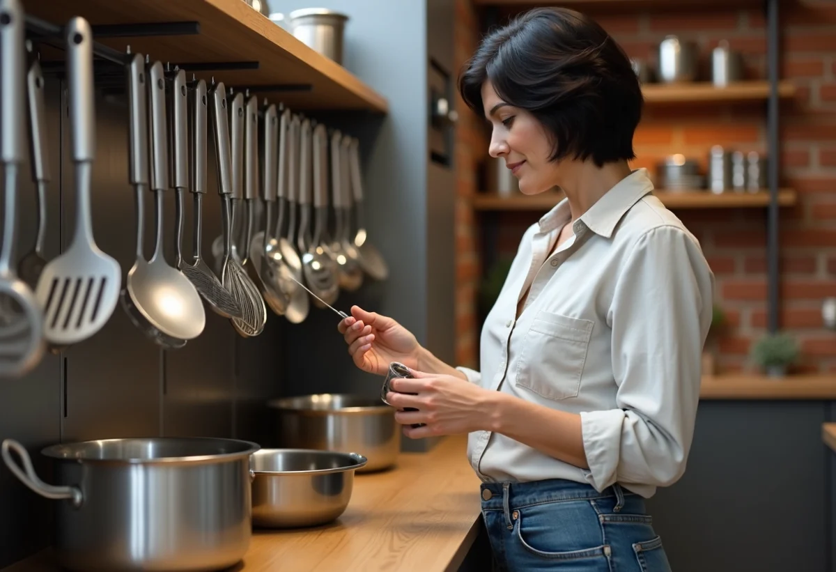 Femme examine des ustensiles de cuisine dans un magasin