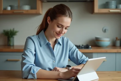 Femme utilisant une application repas sur tablette dans la cuisine