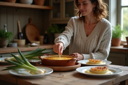 Femme servant fondue de poireaux au vin blanc à table