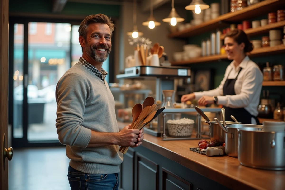 Homme détendu achète des ustensiles de cuisine au magasin
