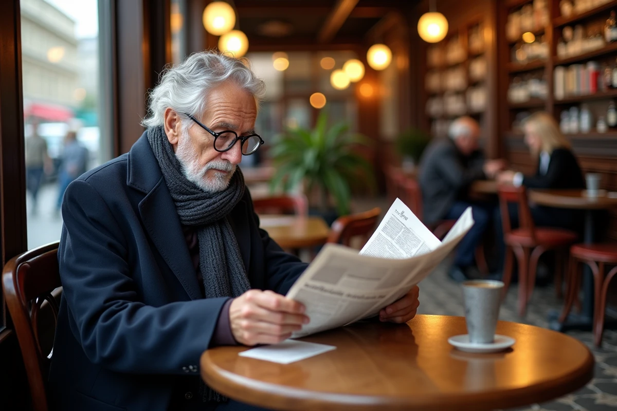 Homme âgé lisant le journal dans un café parisien chaleureux