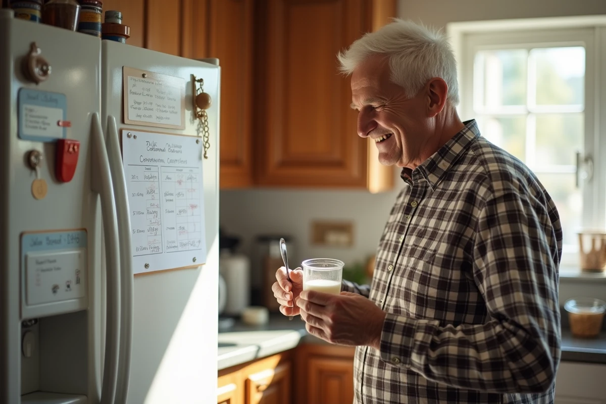 Homme âgé consulte un tableau de conversion dans la cuisine