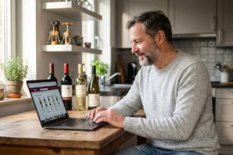 Homme d'âge moyen dégustant du vin sur son ordinateur
