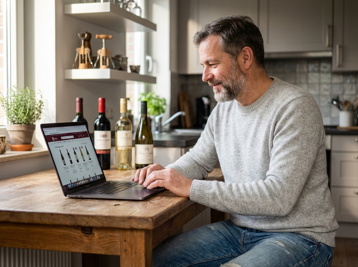 Homme d'âge moyen dégustant du vin sur son ordinateur