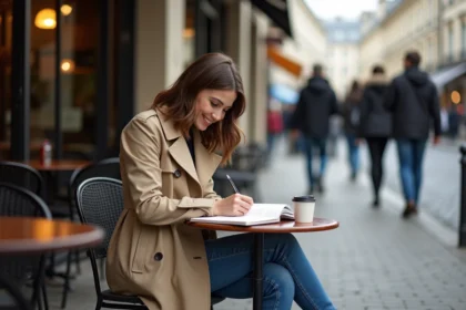 Jeune femme à Paris lisant dans un café avec ambiance urbaine