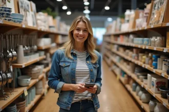 Jeune femme souriante examine des ustensiles de cuisine en magasin