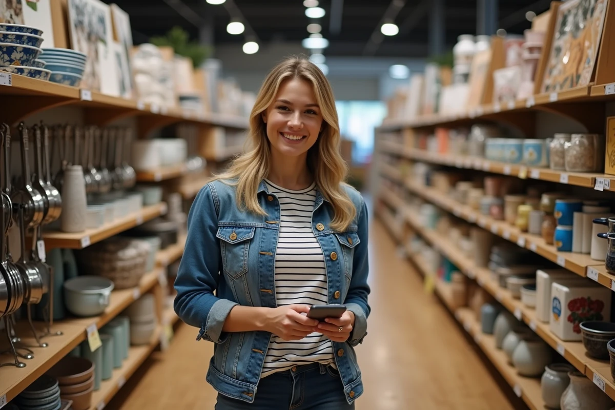 Jeune femme souriante examine des ustensiles de cuisine en magasin