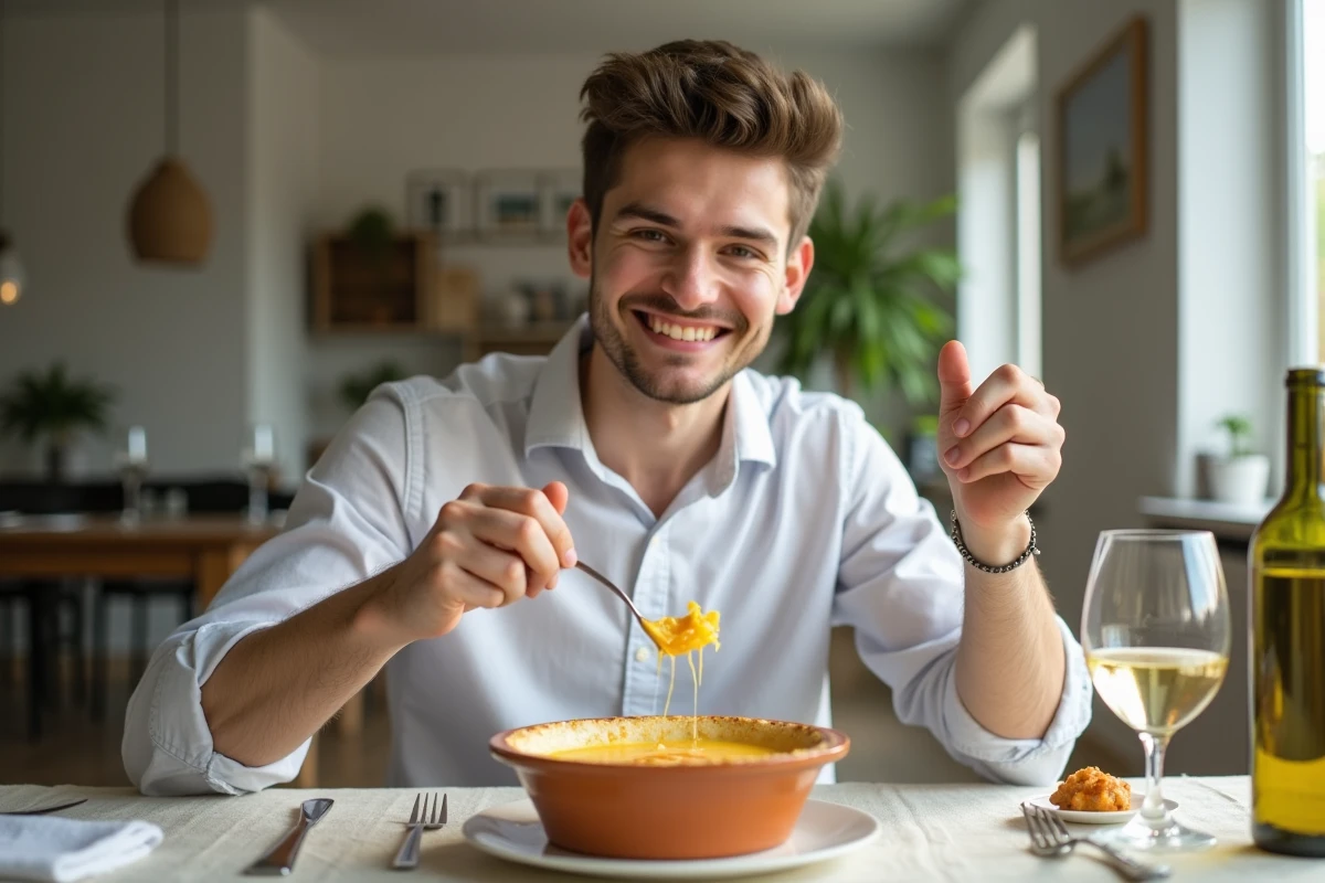 Jeune homme dégustant fondue de poireaux au vin blanc