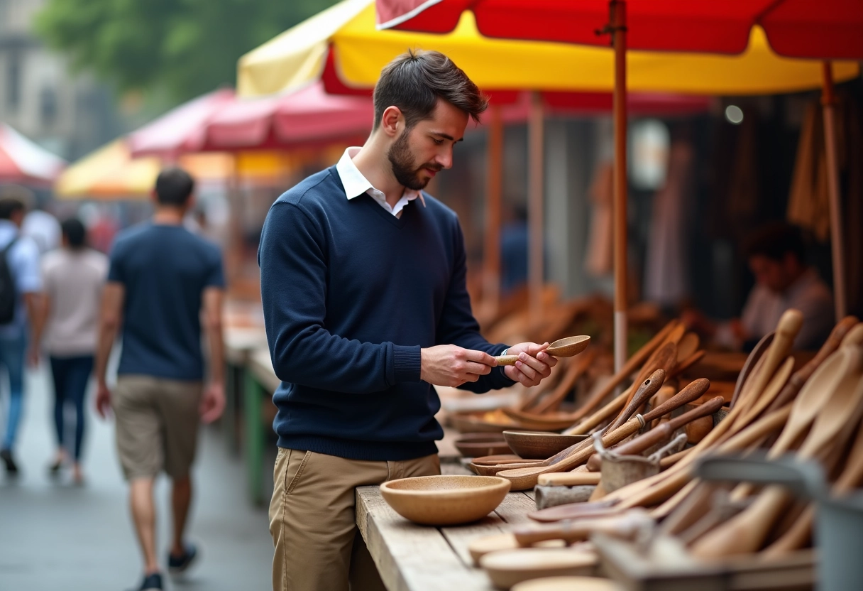 Jeune homme compare des ustensiles de cuisine en plein air