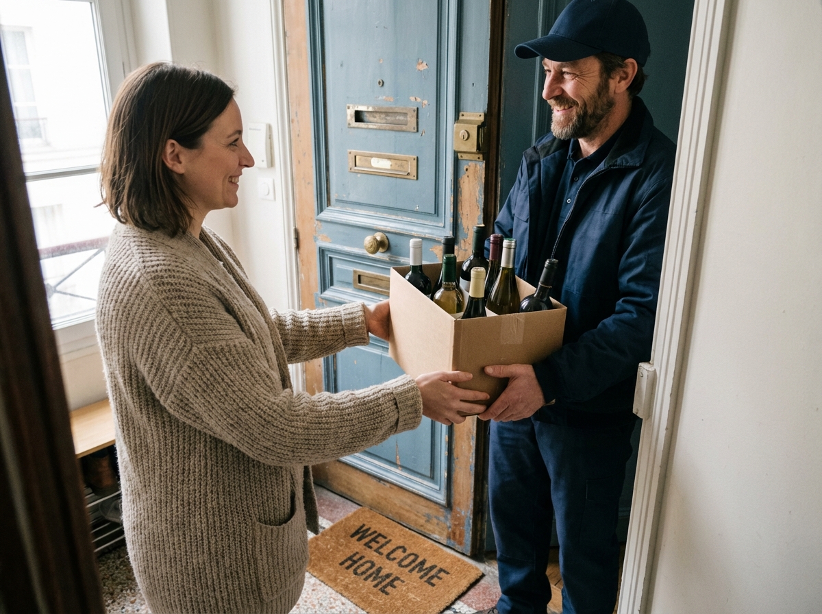 Femme recevant une livraison de vin à la porte de son appartement