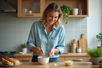 Femme souriante préparant mayonnaise maison dans la cuisine