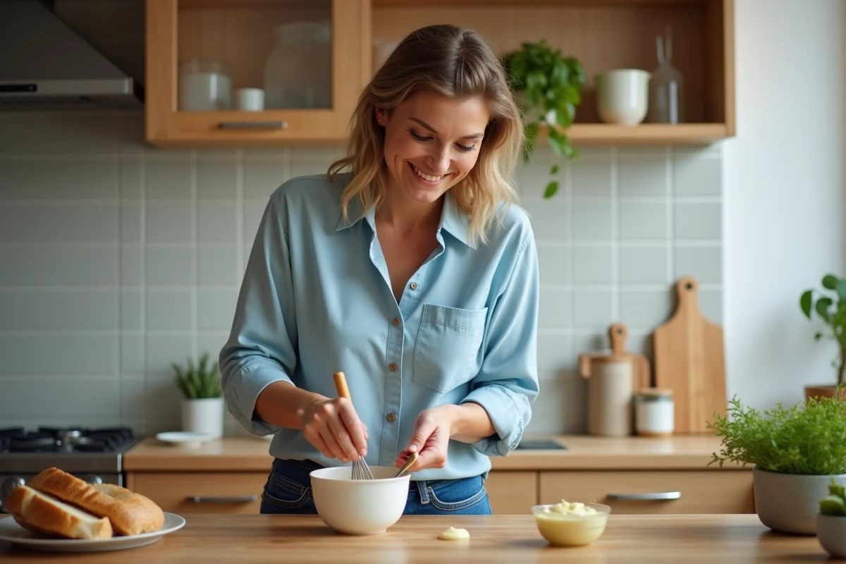Femme souriante préparant mayonnaise maison dans la cuisine