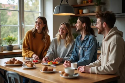 Groupe d'amis partageant un brunch convivial à la maison