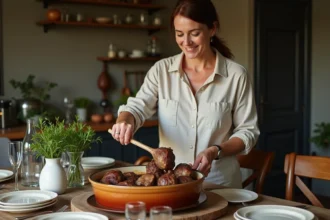 Femme souriante servant des jarrets d'agneau dans une cuisine chaleureuse