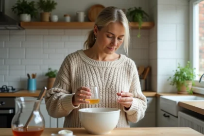 Femme mesurant liquide dans une cuisine chaleureuse