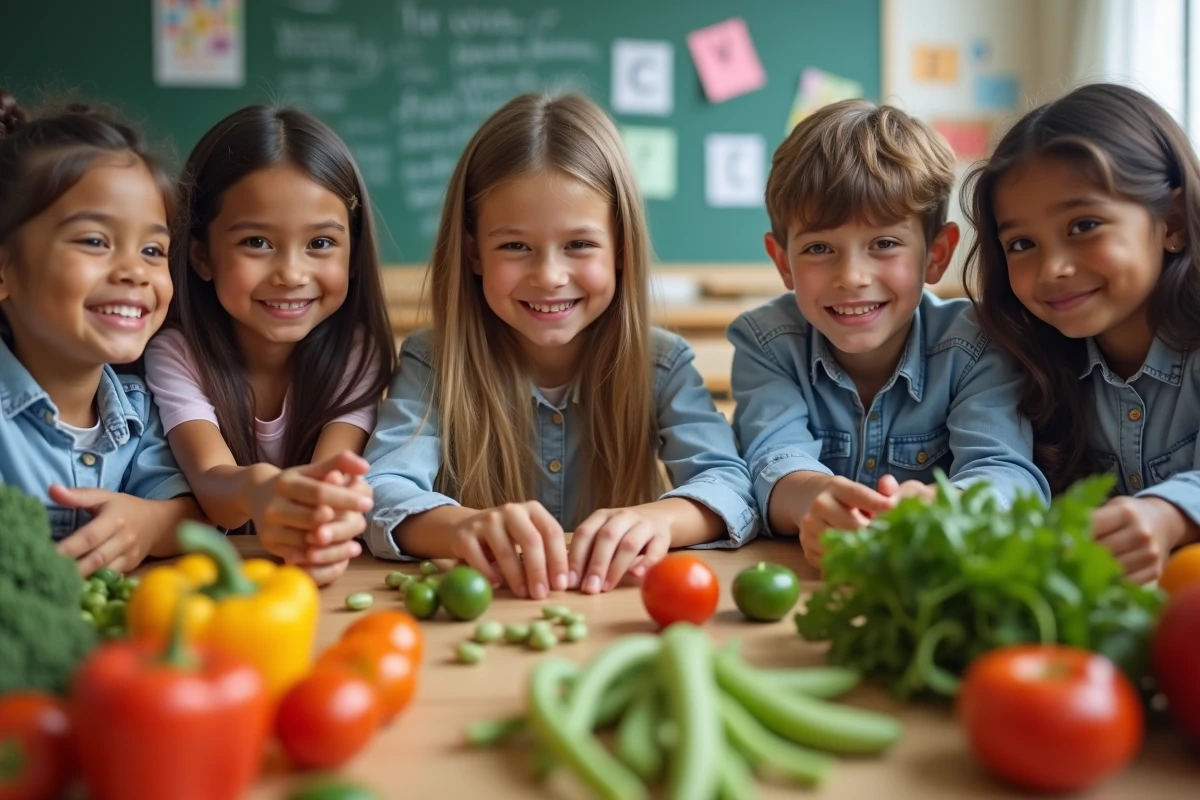 Enfants de collège triant légumes et fruits en classe