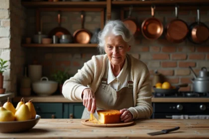 Femme âgée coupant un gâteau aux poires dans une cuisine chaleureuse