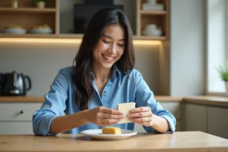 Femme souriante examine une part de gâteau léger dans la cuisine