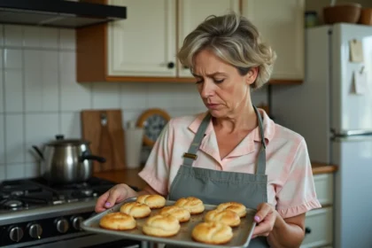 Femme d'âge moyen en cuisine avec pâtisseries mal cuites