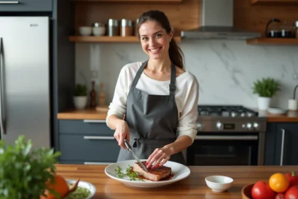 Femme souriante coupant un filet mignon dans une cuisine moderne