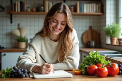 Jeune femme souriante écrivant dans un carnet avec légumes V