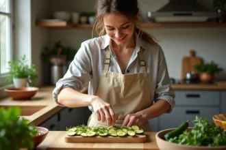 Femme préparant un sauté de zucchini dans une cuisine lumineuse