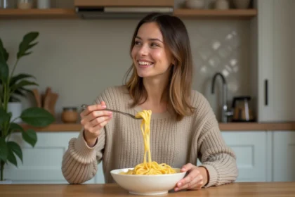 Femme souriante mangeant des pâtes dans sa cuisine