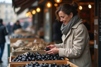 Femme inspectant des moules fraîches au marché