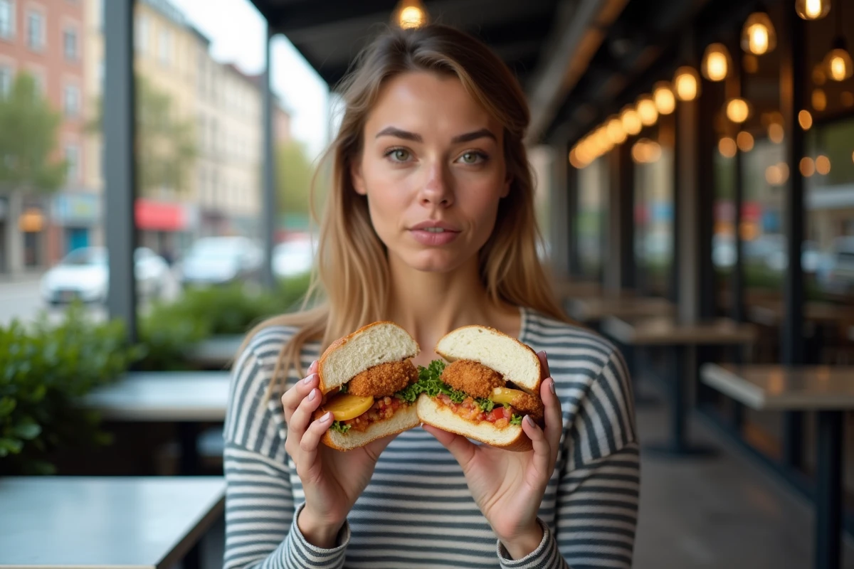 Femme tenant un sandwich au poulet en extérieur