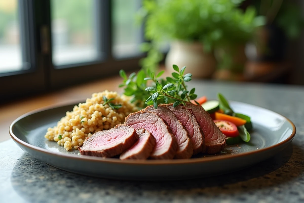 Tranche de filet mignon avec herbes sur assiette minimaliste