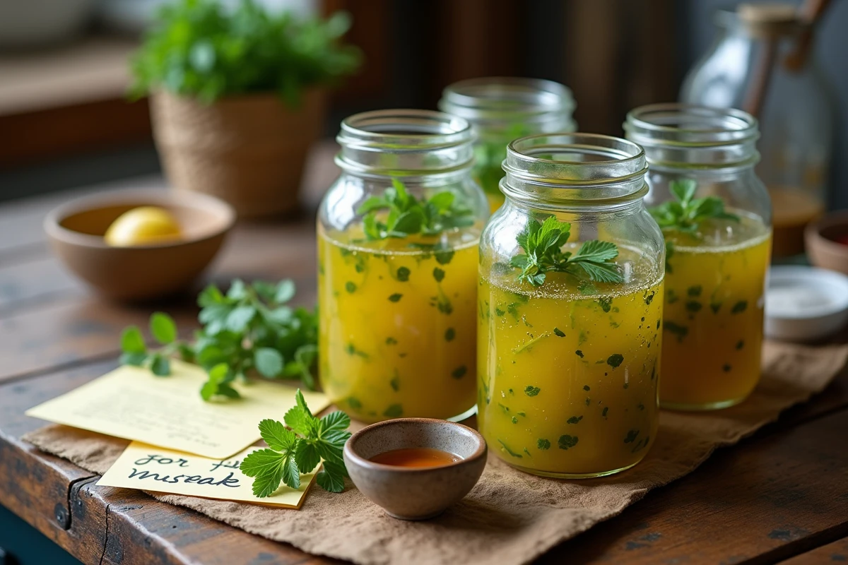 Gourmets de vinaigrette fraîche sur une table en bois