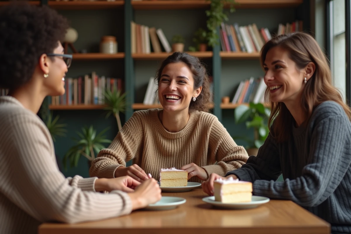 Groupe de trois personnes dégustant un gâteau léger au café