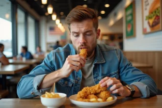 Homme dégustant un poulet frit dans un restaurant moderne