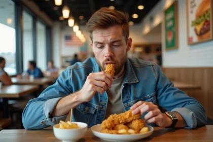 Homme dégustant un poulet frit dans un restaurant moderne