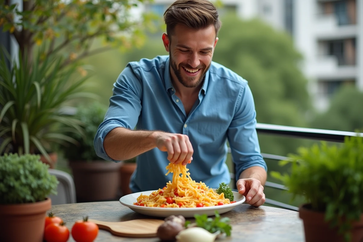 Jeune homme préparant une salade de pâtes en extérieur