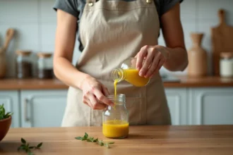 Femme versant vinaigrette maison dans une petite bouteille