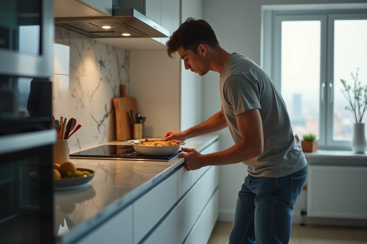 Jeune homme regardant une casserole brûlée dans la cuisine moderne