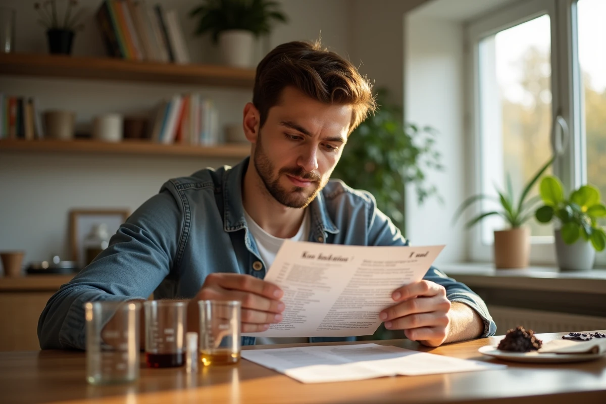 Jeune homme lisant une recette avec des verres doseurs