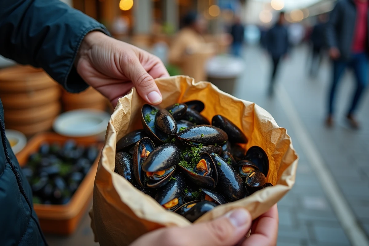 Mains d’un vendeur remplissant un sac de moules